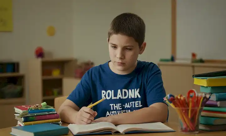 Persona usando una camiseta educativa y leyendo un libro titulado Desbloquear el potencial mientras está rodeado de diversos suministros escolares. El título se refiere a un estudio de investigación realizado sobre los niños con autismo, que examina su potencial y sus retos en la educación. Esta descripción es bastante breve pero proporciona información sobre el tema del debate, que implica comprensión y apoyo a las personas con autismo en el entorno educativo.