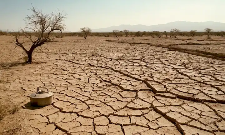 tierra seca con tierra agrietada, árboles pareados, agujeros vacíos de riego, latas de agua o contenedores dejados atrás, granjas abandonadas, lechos de río, cultivos secos, olas de calor, nubes lejos