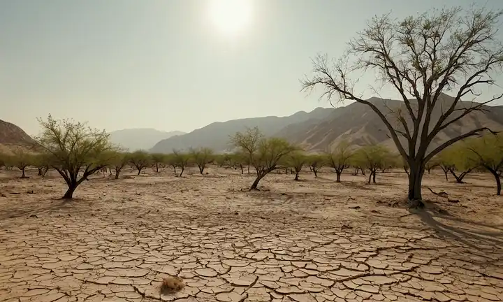 Paisaje asolado con árboles picados y tierra agrietada, cielo abrasado por el sol, ladera de montaña estéril con lecho de río seco, fauna polvorienta huyendo para el agua, campos de cultivo desolados con cultivos de marchitado, o representación abstracta de sequedad y devastación
