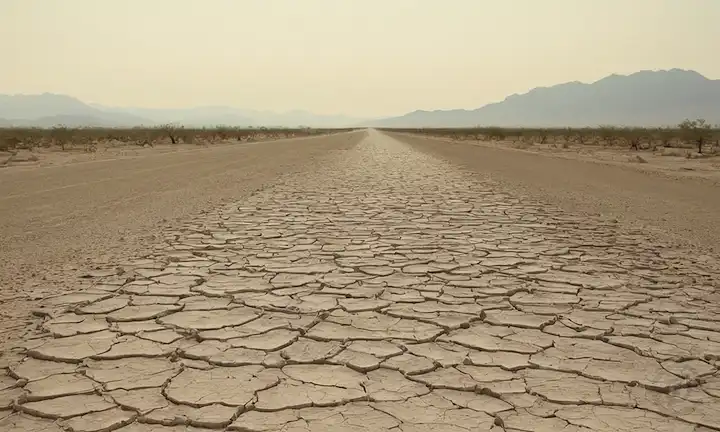 paisajes desgarrados, tierra desgarrada, vegetación deslumbrada, cama de lago seco, caminos polvorientos, árboles estériles, la estufa de calor, rocas desoladas y ciruelas de humo distantes