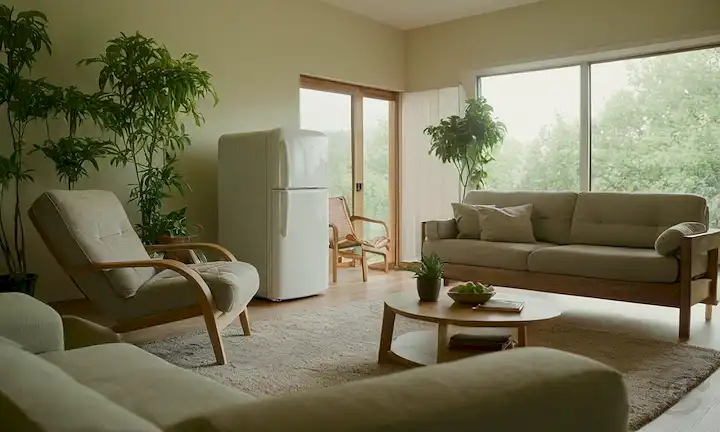 Una acogedora sala de estar con nevera