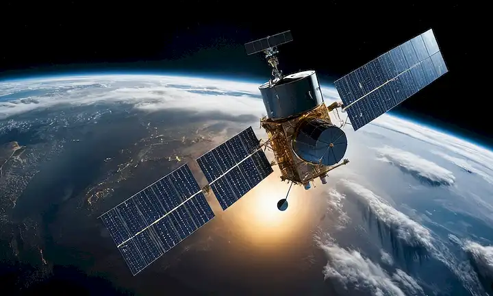 3D rendering of a satellite orbiting Earth, surrounded by swirling clouds, with a sutil blue bright emanating from it, depicting CO2 moléculas being measure in mid-air, against a black background, showcasing the vastness of space and the importance of monitoring emissions, highlighting the intersection of technology and sustainability