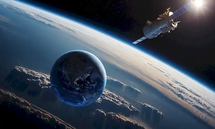 Tierra desde el espacio, globo azul, ciruelas de dióxido de carbono, rastros de emisiones, nubes wispy, capas atmosféricas, nave espacial, satélite, órbita, telescopio, estrellas, fondo negro, paisaje celestial, escena planetaria