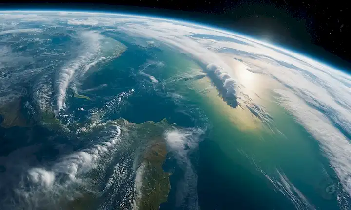 ilustración 3D de la atmósfera de las Tierras con nubes giratorias, moléculas de dióxido de carbono flotando sobre tierra y océanos, astronauta o satélite en órbita alrededor del planeta, instrumentos de medición o sensores capturando niveles de CO2, fondo planeta azul-verde con detalles atmosféricos brillantes