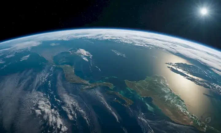 3D Tierra desde el espacio con nubes, atmósfera y océano visible, un satélite orbitando por encima, instrumentos de medición que se extienden hacia el planeta, colores verdes y azules dominantes, sutiles toques de contaminación o escote en la atmósfera