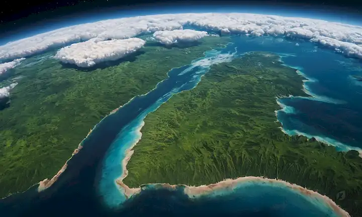 3D Tierra desde el espacio, atmósfera azul con nubes espeluznantes, tierras forestales verdes y desiertos, barcos y ciudades a lo largo de las costas, capas polares de hielo encogiéndose, contrail de chorro giratorio, crecimiento sutil de vegetación verde en algunas zonas