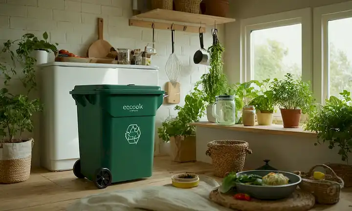 2-3 Productos ecológicos hechos de aceite reciclado, una cocina verde con cubo de compost y bolsas reutilizables, un vehículo con biocombustibles o motor eléctrico, una persona que cocina con un filtro o vela sostenible, luz natural con plantas alrededor