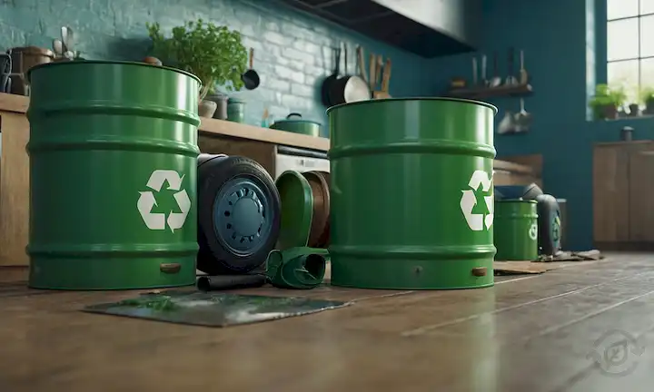 ilustración 3D de tambores de aceite, símbolos de reciclaje, coches y utensilios de cocina, con un esquema de color azul y verde
