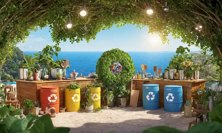 ilustración 3D, entorno sostenible, vegetación, símbolo de reciclaje, batería de aceite, reducción de residuos, hábitos ecológicos, utensilios de vehículos y cocina, conceptos de economía circular, personas diversas, manos trabajando juntas, caras sonrientes, futuro optimista, sol, cielo azul, agua tranquila, plantas exuberantes