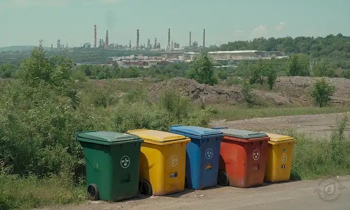 vehículos, tambores de aceite, contenedores de reciclaje, filtros, trapos grasientos, un fondo de paisaje industrial, paisaje urbano o naturaleza con sutiles toques de sostenibilidad