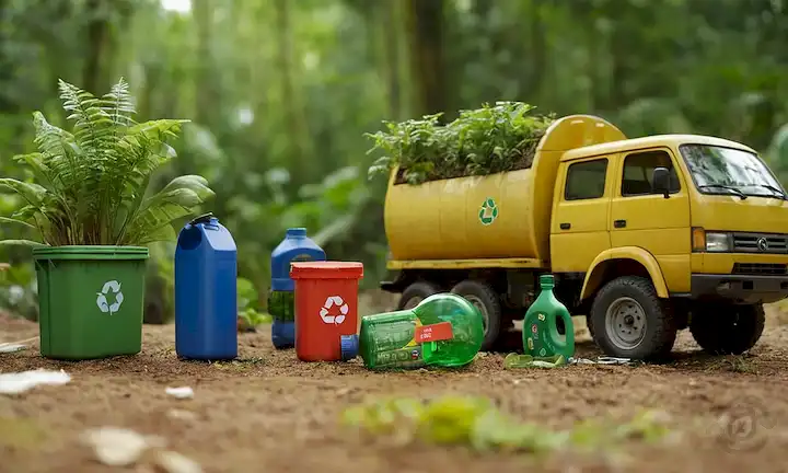 Contenedor de aceite reciclable 3D rodeado de plantas ecológicas, globo verde con un símbolo de reciclaje, un vehículo y utensilios de cocina en armonía, paisaje natural con la flora y fauna prosperando, gente clasificando reciclables, sosteniendo una tapa de botella, reciclaje de fondo