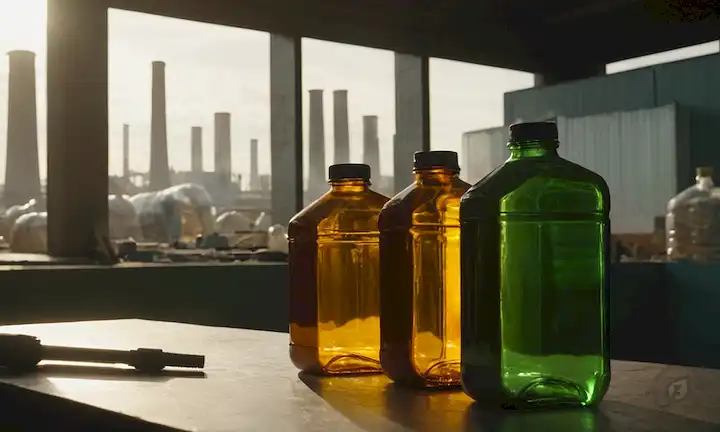 contenedores de aceite reciclable 3D que se procesan en una instalación de reciclaje, con una mezcla de vidrio y materiales plásticos, la luz solar que fluye a través de una ventana, un paisaje urbano o fondo industrial, y un toque de vegetación para representar la eco-amigo, una figura humana en la distancia, tal vez inspeccionando el proceso