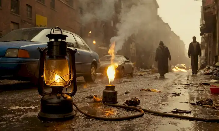 Contenedores de aceite usados que rebosan con oro líquido, ventos de escape de cocina que arrojan humos en el aire, un motor de coches que salta en una calle ciudad contaminada, un símbolo de reciclaje rodeado de basura, una lámpara de aceite anticuada con una mecha goteante, y una persona que sostiene un filtro con una expresión desconcertada