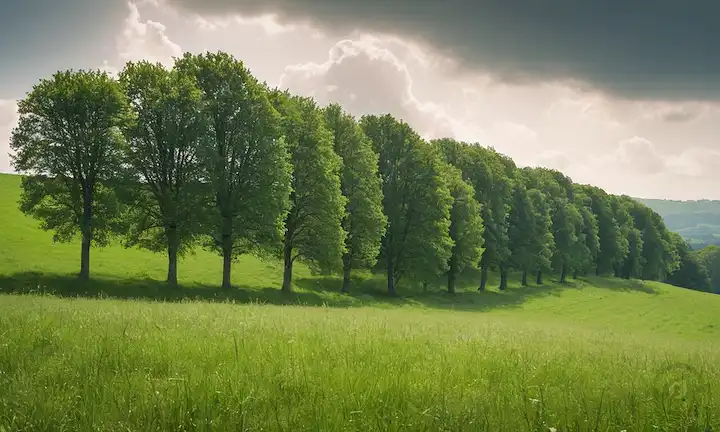 árboles de pie en una fila, unas pocas nubes desplazándose, un sol brillante que brilla, colinas verdes que se desvanecen en el fondo, un efecto gradiente sutil para representar equilibrio neutro