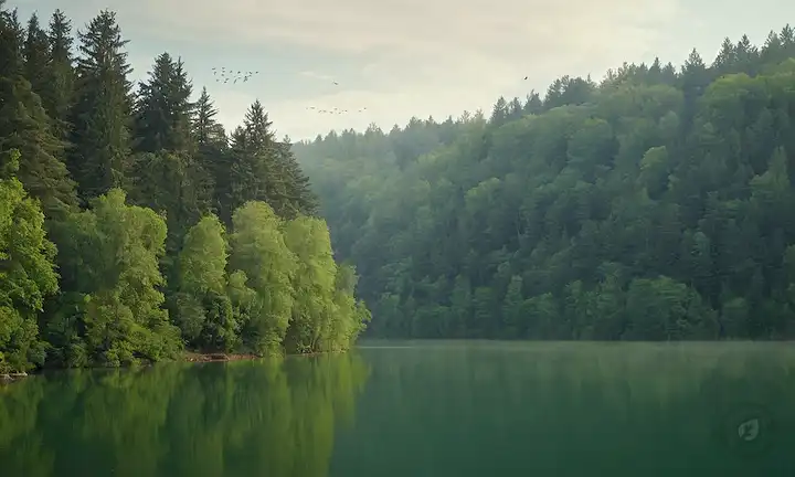 Un bosque verde con árboles altos, un lago sereno, y unas cuantas aves volando sobre la cabeza, rodeado de una sobriedad sutil de contaminación en el fondo