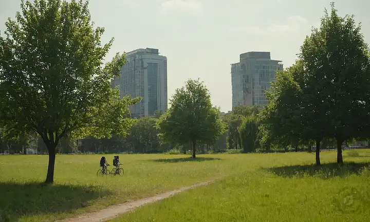 2-3 árboles en un campo con vegetación, luz solar y sombras, gente caminando con mochilas o bicicletas, fondo borroso de edificios urbanos o infraestructura industrial
