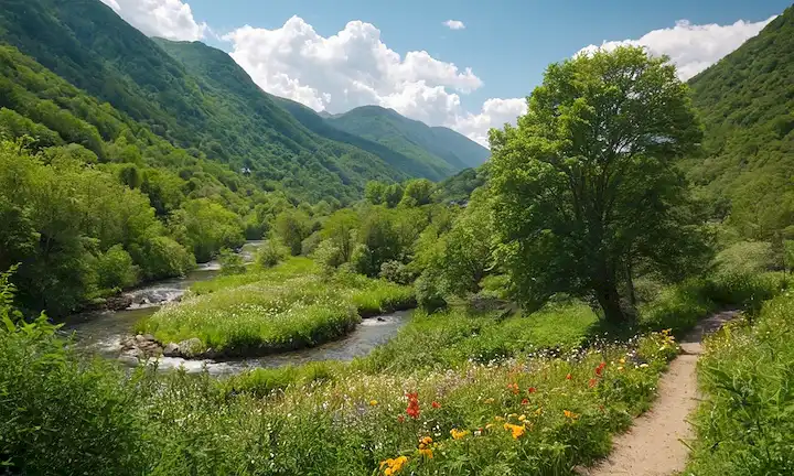 Un árbol o un bosque con hojas verdes exuberantes, un cielo soleado, un camino de viento, una persona plantando semillas, floreciendo flores, mariposas volando, abejas zumbidas, un río fluyendo, montañas en el fondo, nubes a la deriva, y una suave brisa