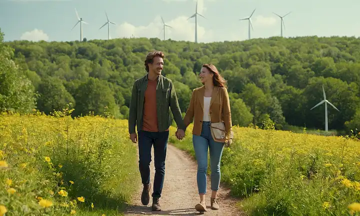2 personas caminando juntas en un bosque verde, sosteniendo manos y sonriendo, rodeadas de flores florecientes, con árboles en el fondo y un soleado cielo arriba, y unos pocos paneles solares o turbinas de viento en la distancia