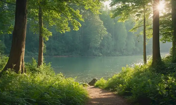 Un bosque sereno con árboles torrentes, vegetación y luz solar filtrando a través, un lago o río a la distancia, fauna como aves, mariposas o peces, personas (adultos y niños) disfrutando de la naturaleza, sin contaminación o daño al medio ambiente, colores naturales con sutiles tonos pasteles