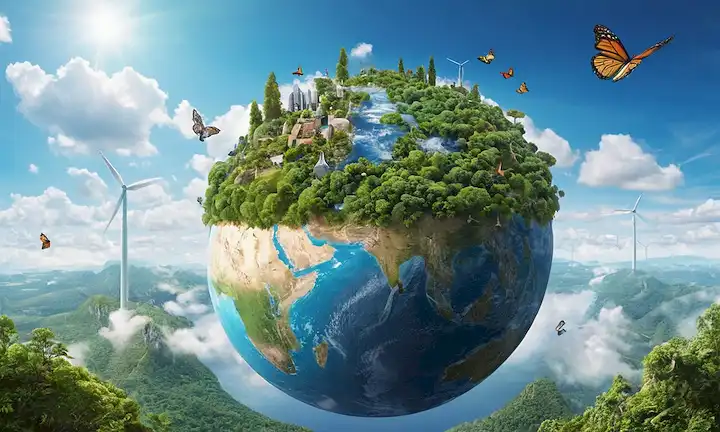globo 3D con bosques verdes y árboles que crecen de nubes de contaminación, paneles solares y turbinas eólicas en la superficie, algunas mariposas o aves volando alrededor, océanos azules limpios en el fondo, fauna diversa como monos o ciervos vagando libremente, una sonrisa sutil o pulgar hacia arriba de la Tierra