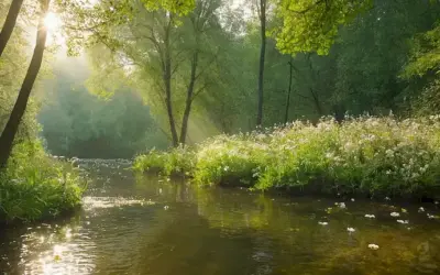 Bosque verde con árboles y flores