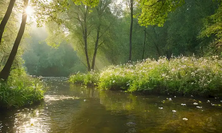 Bosque verde con árboles y flores