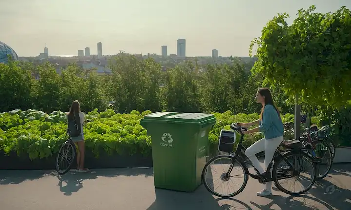 Un futurista paisaje urbano con vegetación, gente que utiliza gadgets ecológicos, un contenedor de reciclaje en primer plano, una bicicleta estacionada fuera de un edificio sostenible, una persona que compra en un mercado ecológico, un panel solar en el techo de una casa