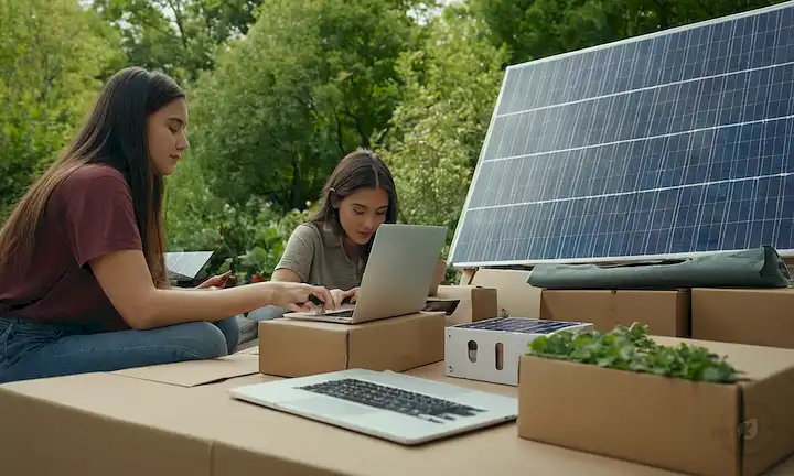 Personas que compran en línea en computadoras portátiles, dispositivos móviles y tabletas, rodeadas de materiales de embalaje ecológicos, paneles solares, materiales reciclados y productos sostenibles, con un toque sutil de vegetación o naturaleza en el fondo