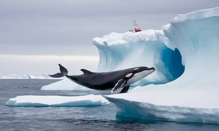 Gran cetáceo cantando o barrido en un campo de iceberg espectral, acompañado de sonidos celestiales etéreas. Esta es una representación artística de las magníficas especies de ballenas azules indígenas al mundo marino, que también encarna principios de comunicación y acústica ambiental en estudios folclore, informados por la investigación científica contemporánea. La obra muestra la interacción única entre el conocimiento humano y las narrativas culturales sobre las ballenas con el tiempo, reflejando las implicaciones universales y culturales de estos temas en los tiempos modernos. Esta pieza representa, por tanto, una amalgama de expresión artística y rigor académico interdisciplinario que combina elementos de biología marina, cultura, folclore, historia e innovación científica, dando lugar a una imagen visualmente llamativa. Paso 1: Identificar información clave de la información dada.- El Canto de la Ballena es el título de la obra.- La obra representa un cetáceo o un canto de ballena.- Están en un campo de iceberg o superficie espectral.- Este tema conecta diferentes disciplinas tales. - Biología marina - Cultura/historia/ecología (informada por estudios folclore) - Art/illustrationStep 2: Condense la información en una declaración sucinta.