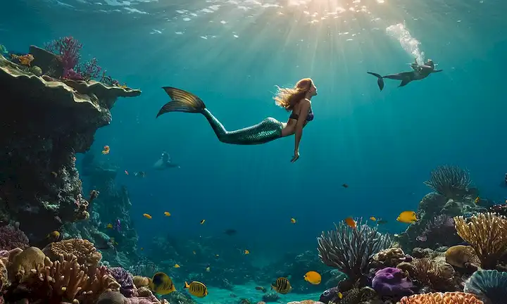 Sirena navegando en las vastas aguas marinas azules con criaturas submarinas que la rodean. La frase podría significar una sirena antropomorfa que navega por las aguas entre dos continentes, simbolizando el intercambio cultural y el movimiento a través de los océanos para una criatura mítica. Por ejemplo, Distribución y Migración: Cruzando los Océanos de Ballena Azul: Gigante del Mar, Corazón de la Mitología podría interpretarse como una frase inglesa-francesa que representa cruzar el vasto océano a través de una criatura acuática (la sirena).