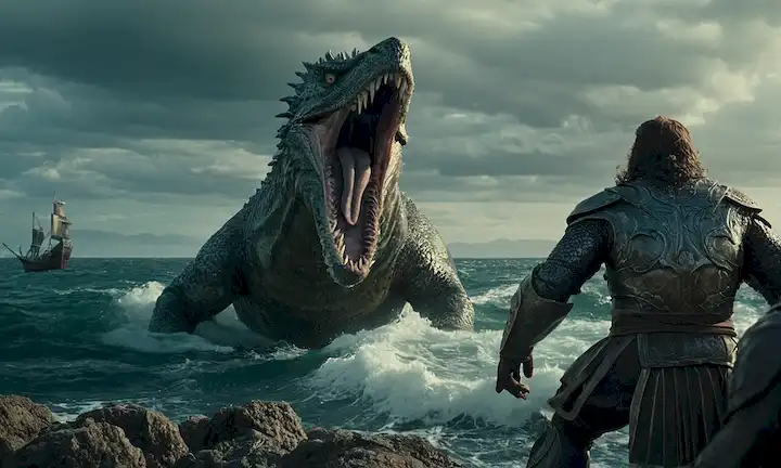 Una batalla épica contra monstruos marinos gigantes establecidos en tiempos antiguos de mitología, con vistas al mar oceánico. (En español)