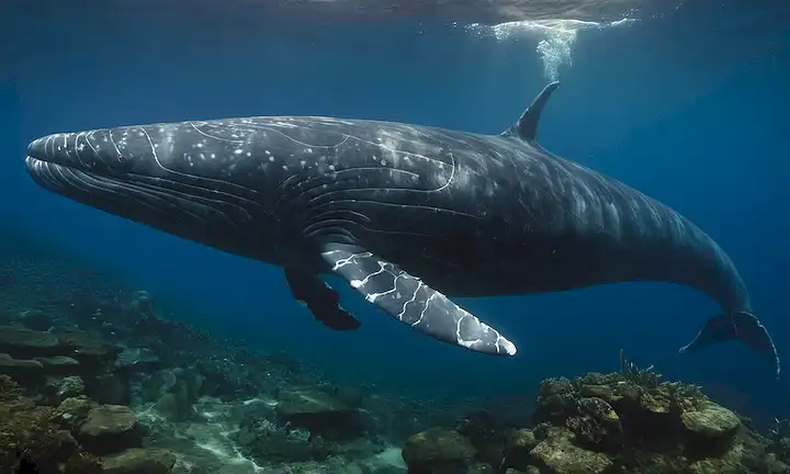 Una criatura como ballena azul que guarda conocimiento secreto en las profundidades de lore antiguo, simbolizando glifos marinos y arquetipos mitológicos. (En inglés - Whale Blue Giant Sea Marvelous Mythology Hidden Lore Archetypal Sea-Glyph})