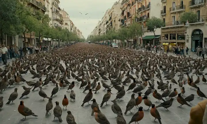 Las aves asfixiadas que utilizan las calles de la ciudad como su territorio mientras las urbanitas españolas se enfrentan a ellas en un contexto de conflicto ambiental y desafíos sociales. (La traducción no garantizada ya que la traducción de AI se basa en el aprendizaje automático, el contexto puede variar)