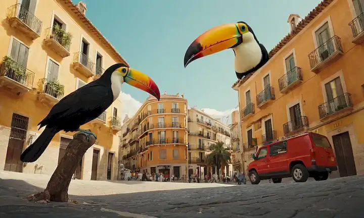 Una serie de ilustraciones que muestran estrategias inteligentes de adaptación de aves tucanas para infiltrar ciudades españolas. El texto está en varios idiomas y estilo, sugiriendo un contexto atractivo. Traducción en inglés: La adaptabilidad como arma secreta de los colibríes invasivos: ¿Cómo conquistaron las ciudades españolas?