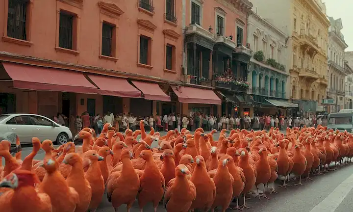 Aves de colores coral asomando inteligentemente por las calles de la ciudad mientras los ciudadanos miran con preocupación en un espectáculo de teatro callejero que representa su invasión.