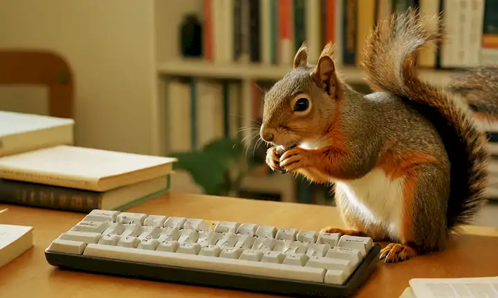 Persona escribiendo en un teclado rodeado de libros, discutiendo temas complejos con los habitantes de la ciudad preocupados respecto a la invasión de ardillas. El texto se refiere a la gestión y control sistemáticos de una especie invasiva de ardillas en España urbana mediante intervención estratégica.