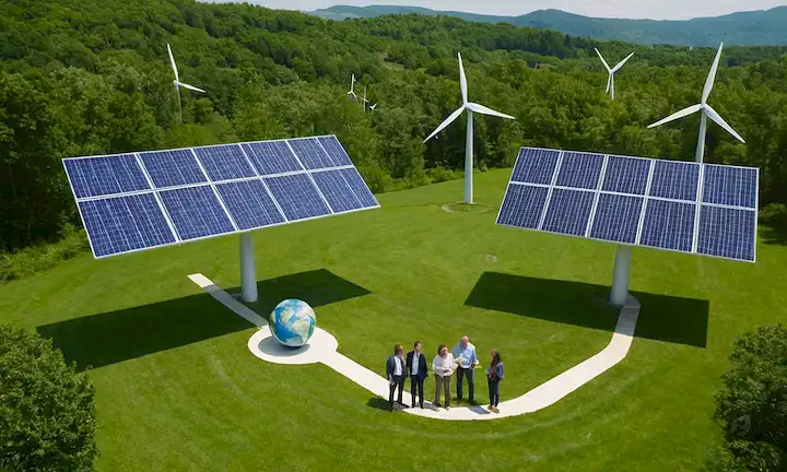 Centros de datos verdes, paneles solares, turbinas eólicas, circuitos azules, círculos interconectados, flechas ascendentes, árboles crecientes, personas sonrientes que sostienen dispositivos, globo con chispas
