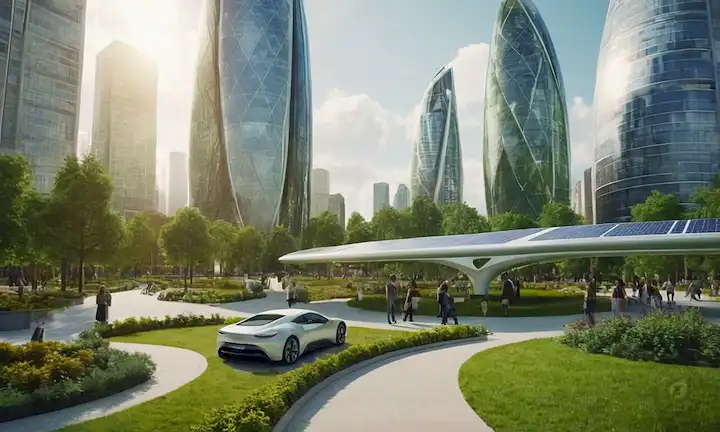 3D renders of futuristic cityscapes with green parks and renewable energy sources, solar panels on skyscrapers, electric vehicles moving freely, people working remotely, circular economy symbols, recycling bins, eco-friendly transportation modes