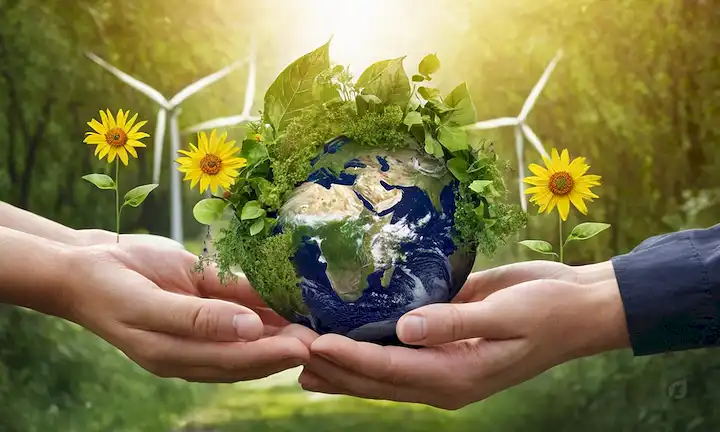 Edificios dorados, vegetación, árboles, hojas, sol, flores, gente sonriente, manos tensando tierra, símbolos de reciclaje, gotas de agua, turbinas de viento, paneles solares, energía verde, desarrollo sostenible, impacto ambiental