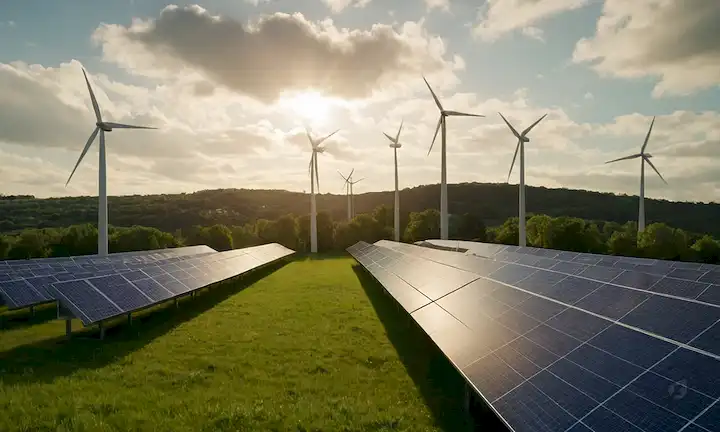 4 centros de datos de oro en armonía con la naturaleza, vegetación que los rodea, paneles solares en tejados, turbinas eólicas cercanas, nubes y sol brillante, algunas aves volando sobre la cabeza, colores naturales utilizados, arquitectura moderna mezclando con el medio ambiente