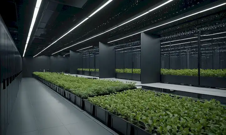 Centro de datos moderno, arquitectura elegante, instalación certificada de oro IV de tier, filas de servidores y dispositivos de almacenamiento, sistema de refrigeración eficiente, iluminación LED, vegetación rodea el edificio, paneles solares en el techo, diseño eficiente energética, tecnología innovador
