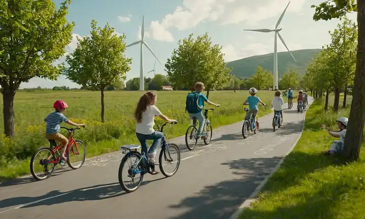 Vehículos de 4 ruedas, energía sostenible, edificios verdes, árboles, símbolos de reciclaje, sol, turbinas de viento, gotas de agua, gente sonriente, niños jugando, manos temblando de acuerdo, Tierra desde el espacio, engranajes interconectados, paneles solares, carril de bicicletas