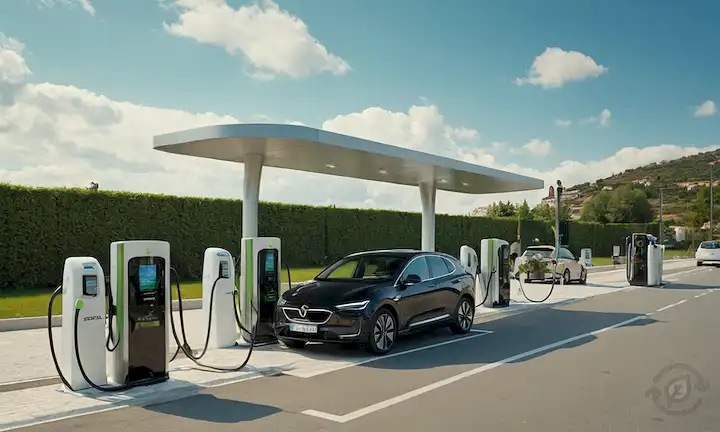Coches eléctricos cargando en puntos públicos en España, varios operadores representados, paisajes urbanos, carreteras, espacios verdes, arquitectura moderna, cielos soleados o nublados, una mezcla de áreas urbanas y suburbanas, múltiples estaciones de carga con diferentes logotipos, coches estacionados cerca, gente caminando o conduciendo por