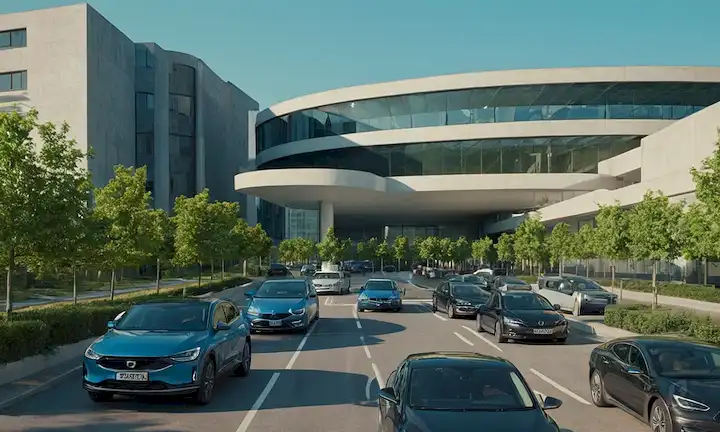 coches eléctricos, estaciones de carga, zonas urbanas, caminos, paisajes urbanos, espacios verdes, estacionamientos, mermeladas de tráfico, soleados cielos, fondos azules, arquitectura moderna, estructuras de hormigón, elementos futuristas