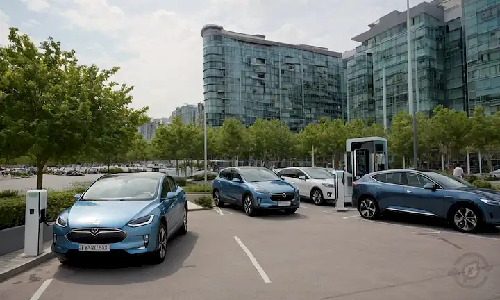 Coches eléctricos cargados en estacionamientos ocupados, edificio de apartamentos de alta altura con EVs conectado, paisaje urbano con paneles solares y cargadores eléctricos de vehículos, filas de estaciones de carga en el centro comercial, calle ciudad con puntos de carga públicos, infraestructura de carga a lo largo de una carretera, barrio residencial con instalaciones de carga EV