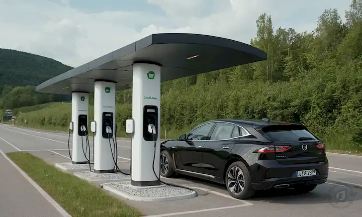 coches eléctricos cargando en estaciones públicas, paisajes urbanos y rurales con puntos de carga, coches conectados a columnas de carga, estacionamientos con infraestructura de carga, paradas de descanso de carreteras con puntos de carga, calles de la ciudad con estaciones de carga, una mezcla de edificios antiguos y nuevos con modernas instalaciones de carga