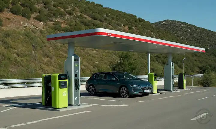 estaciones de carga de coches eléctricos, carreteras y carreteras españolas, paisajes urbanos y rurales, estacionamientos públicos, centros urbanos, ferrocarriles de alta velocidad, paradas de descanso, señales de carretera, vallas de carretera, espacios verdes, edificios e infraestructura