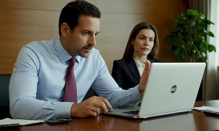 Un hombre de negocios con un portátil discutiendo los detalles de Sociedades de Beneficio e Interés Común (SBIC) con su asistente, indicando que esto está relacionado con la corporación de negocios en España. Contextualized within the broader world of B Corporations and sustainability practices.