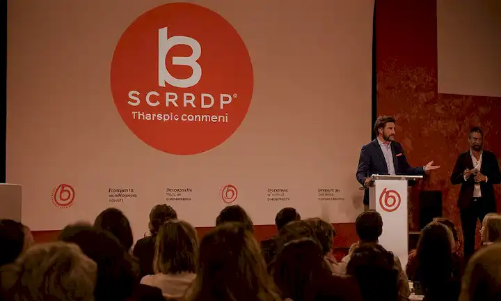 Persona contando al público la historia detrás del movimiento B Corp y cómo transformó las empresas en España. (Nota que esta es una frase bastante larga, haciendo difícil describir concisamente.)