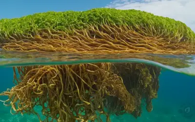 Algas de color dorado flotando sobre el océano verde azul tranquilo
